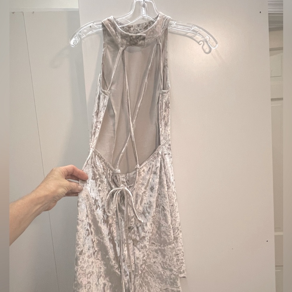 Sexy backless mini slip dress. Champagne color velvet. Very short.